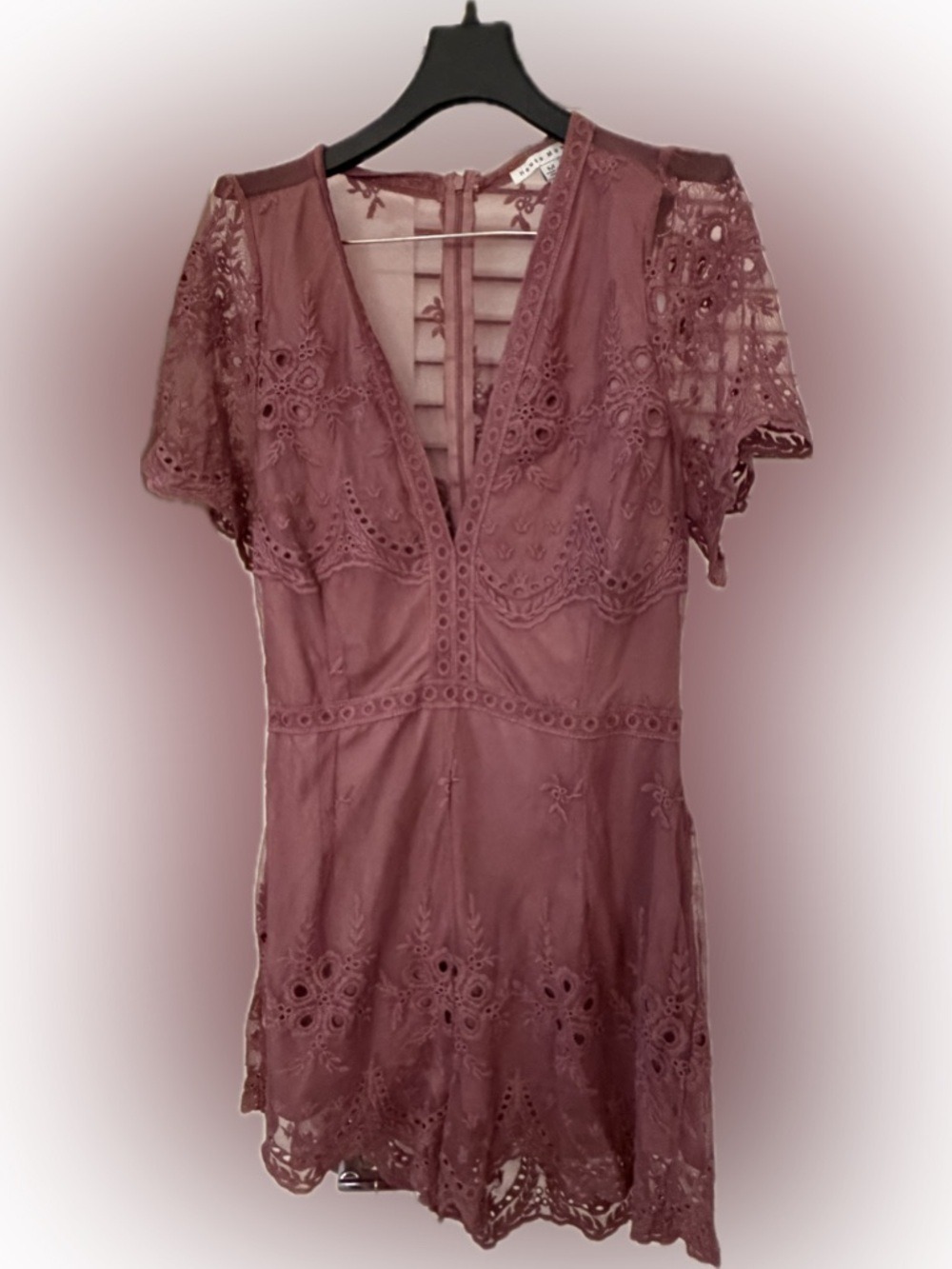 Haute Monde Dusty Rose Embroidered Lace Back V-Neck Romper